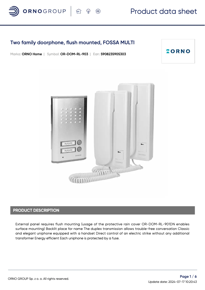 Page 1 of the manual Technical Sheet ORNO OR-DOM-RL-903
