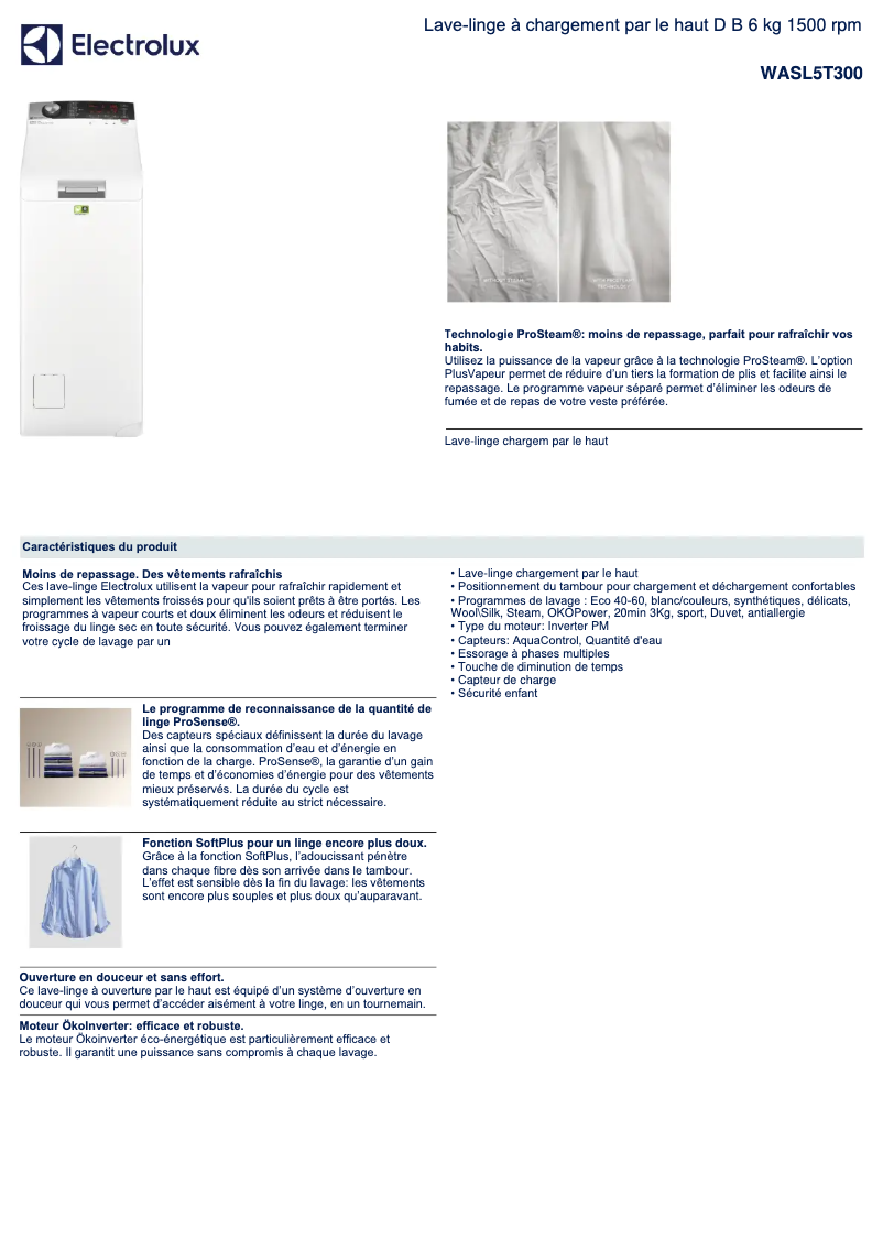 Page 1 of the manual Technical Sheet Electrolux WASL5T300