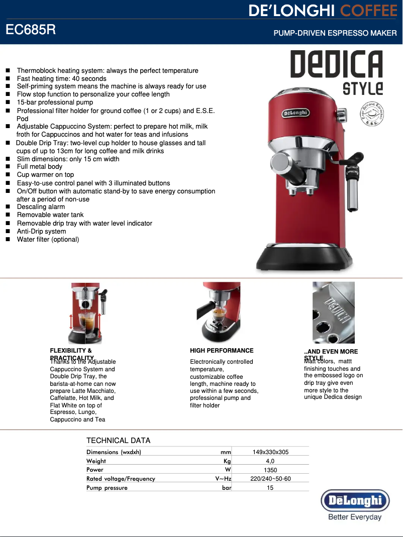 Page 1 of the manual Technical Sheet DeLonghi Dedica Style EC685