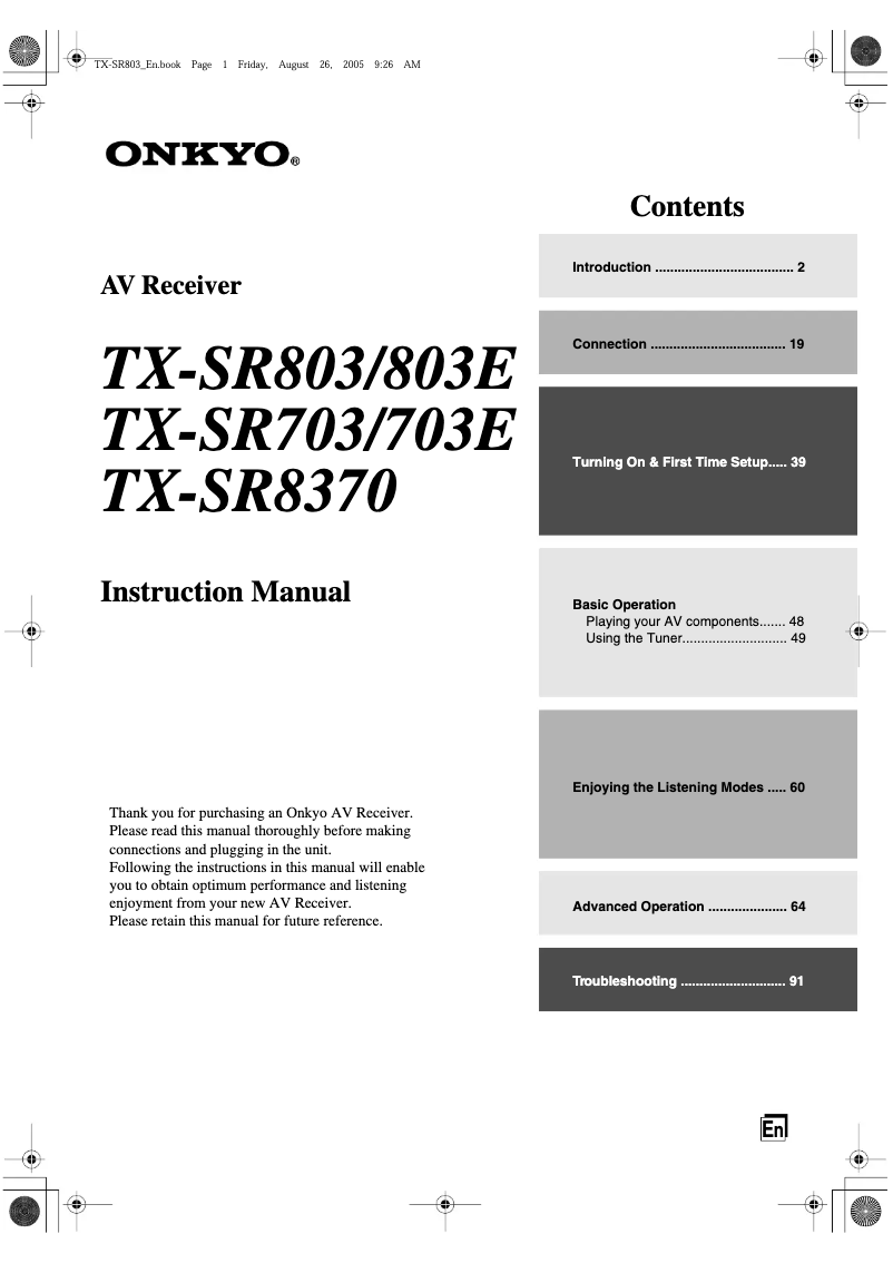 Page 1 de la notice Manuel utilisateur Onkyo TX-SR703