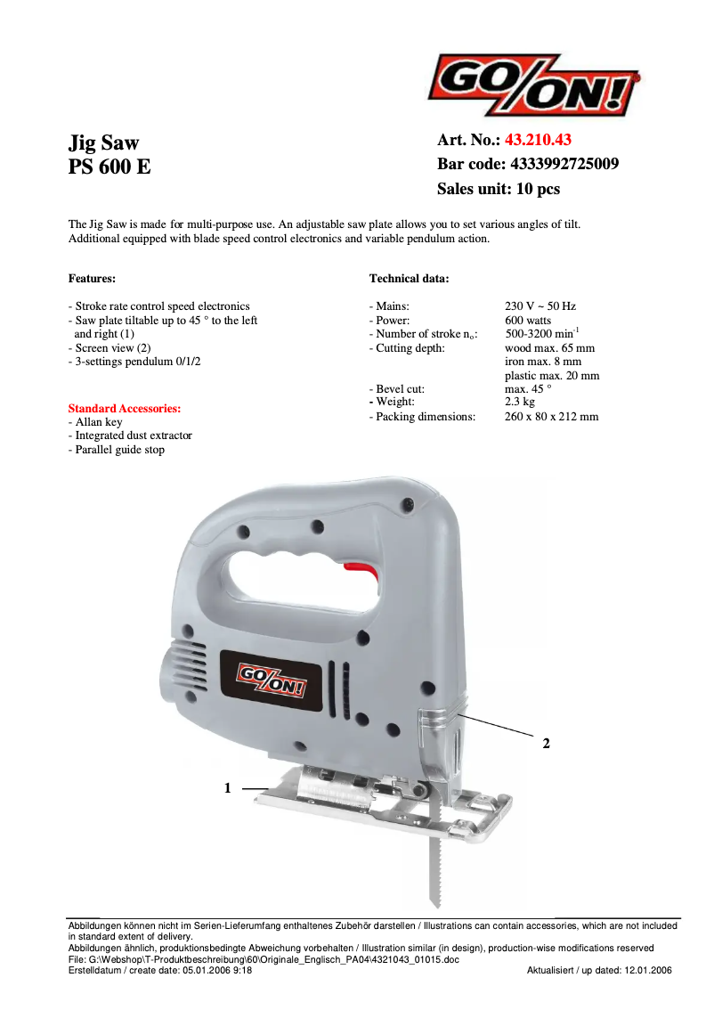 First page image of the manual for PS 600 E
