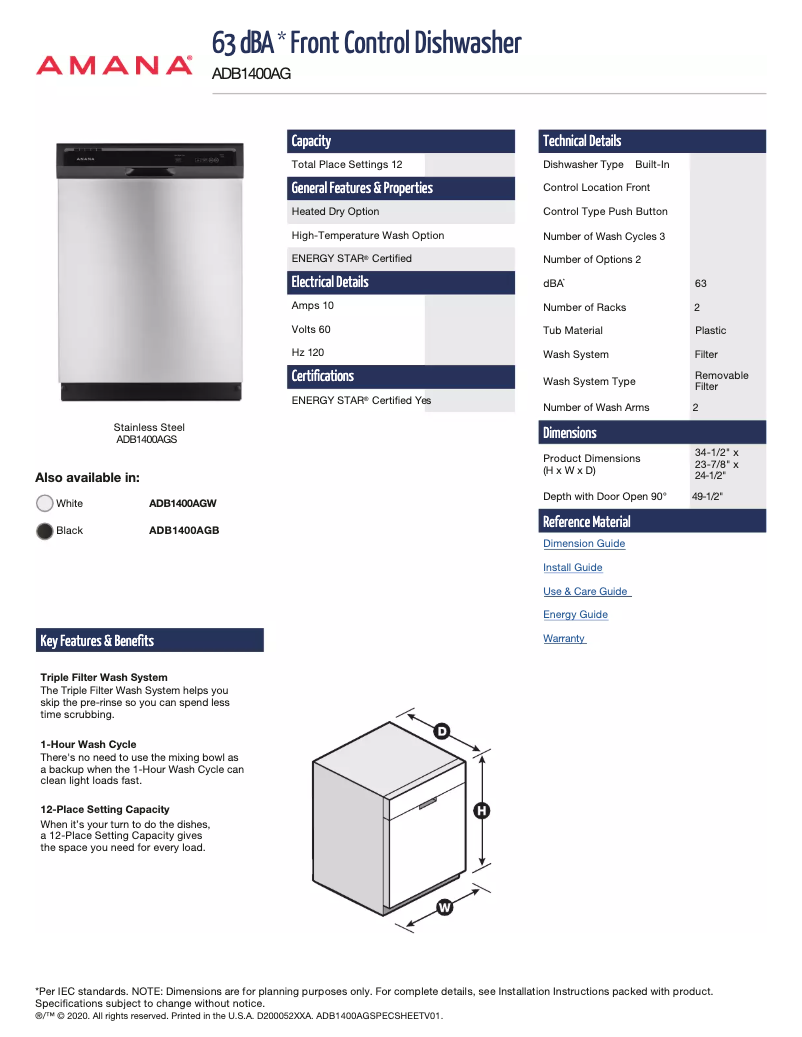 Page 1 of the manual Technical Sheet Amana ADB1400AGW