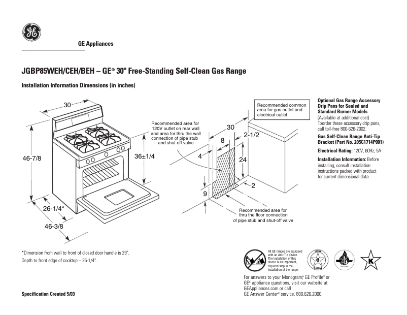 Page 1 of the manual Technical Sheet GE JGBP85WEHWW