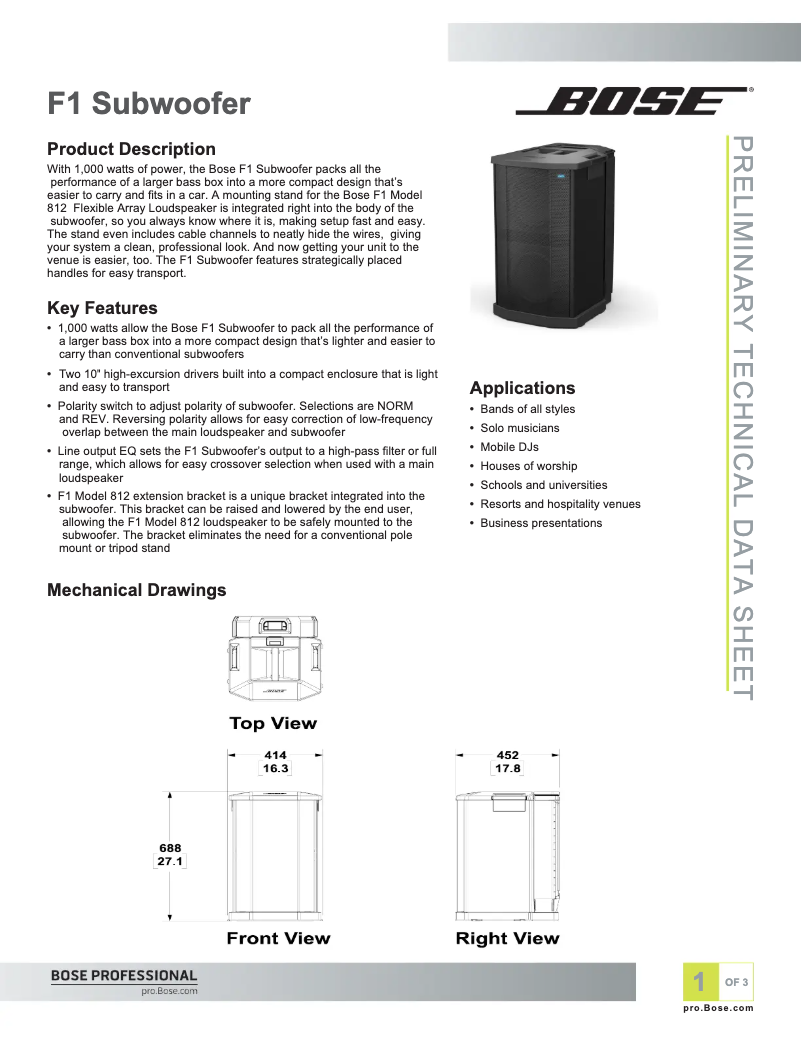 Page 1 of the manual Technical Sheet Bose F1 Powered 731444-1110