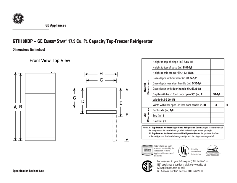 Page 1 of the manual Technical Sheet GE GTH18KBPWW