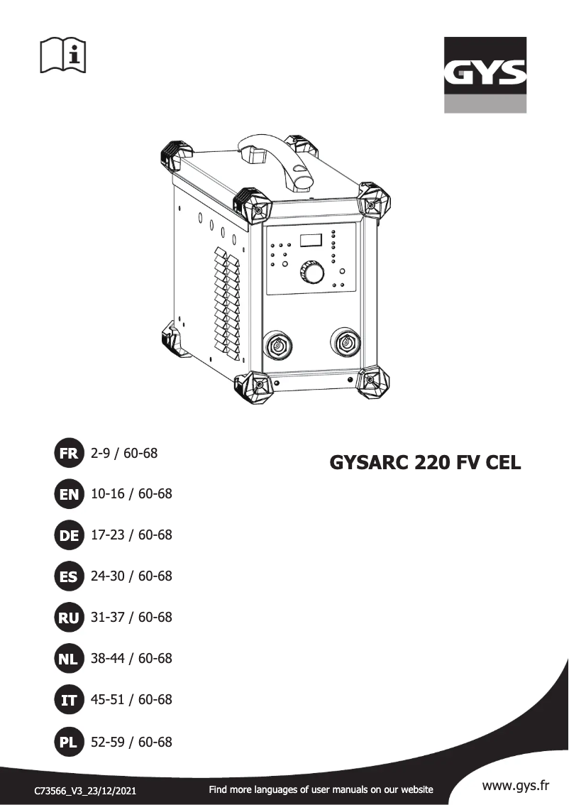 First page image of the manual for Gysarc 220 FV CEL