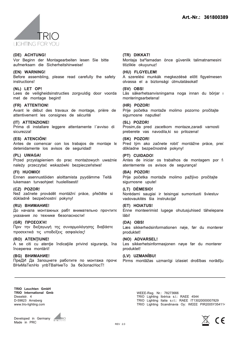 Page 1 of the manual User Manual Trio Lighting Manila 361800389