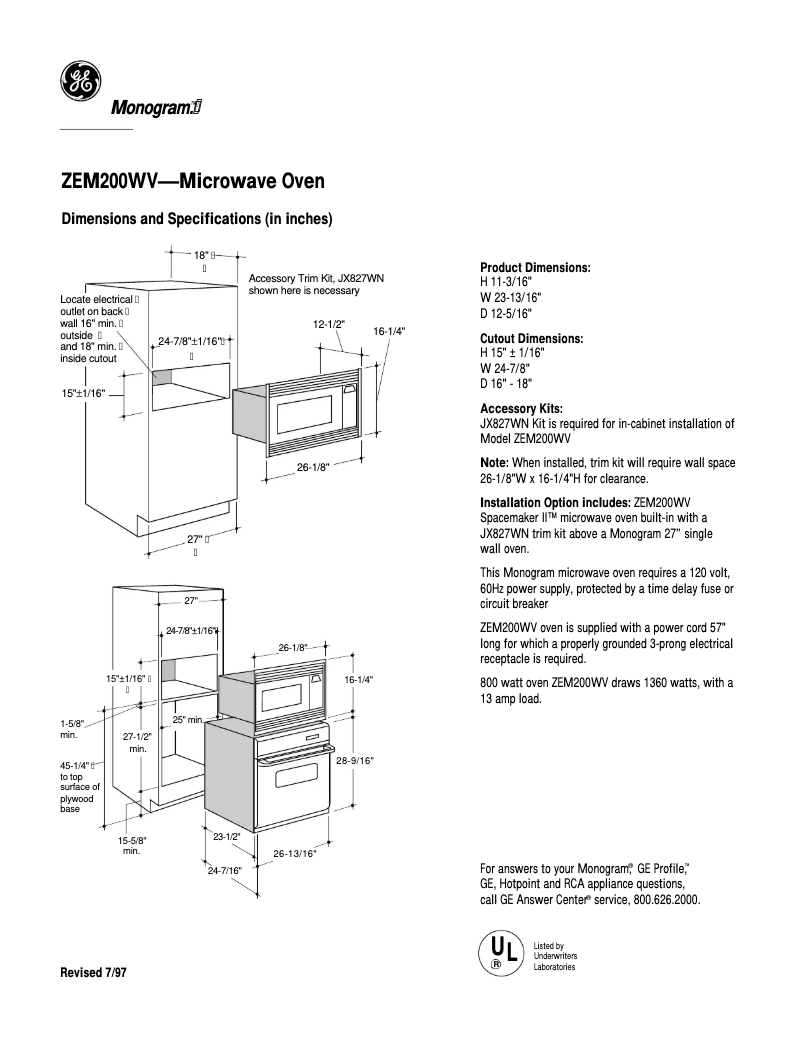 Page 1 of the manual Technical Sheet GE ZEM200WV