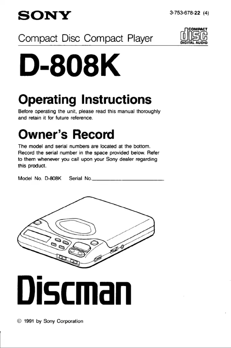 First page image of the manual for Discman D-808K