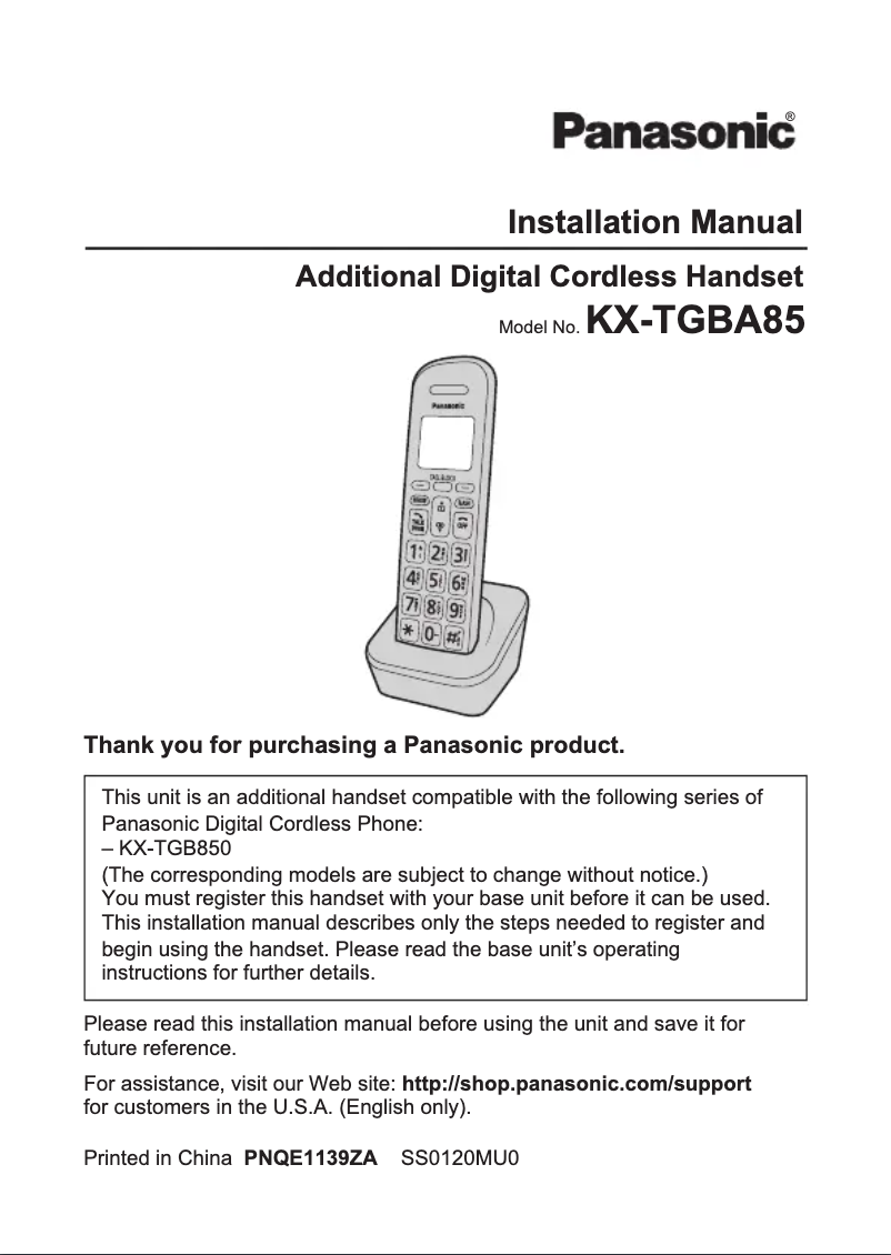 First page image of the manual for KX-TGBA85