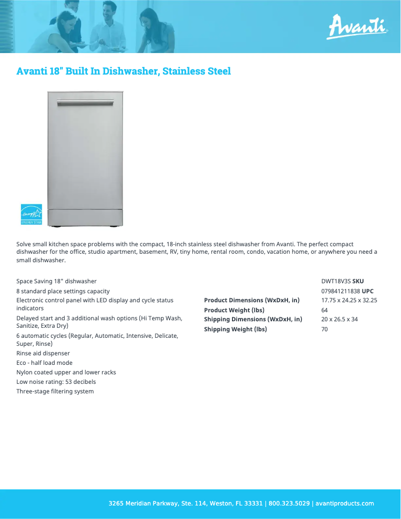 Page 1 of the manual Technical Sheet Avanti DWT18V3S