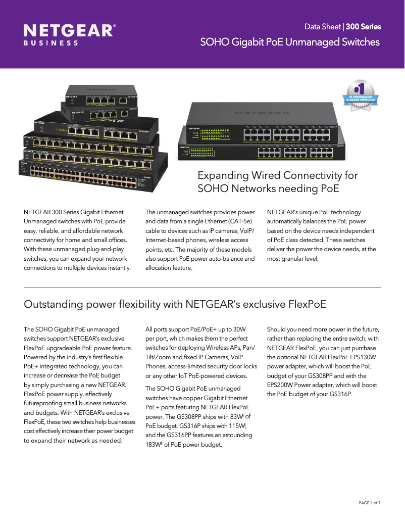 Page 1 of the manual Technical Sheet Netgear GS316P