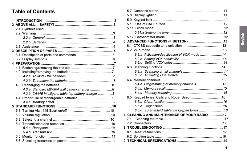 First page image of the manual for ALAN 445 SPORT
