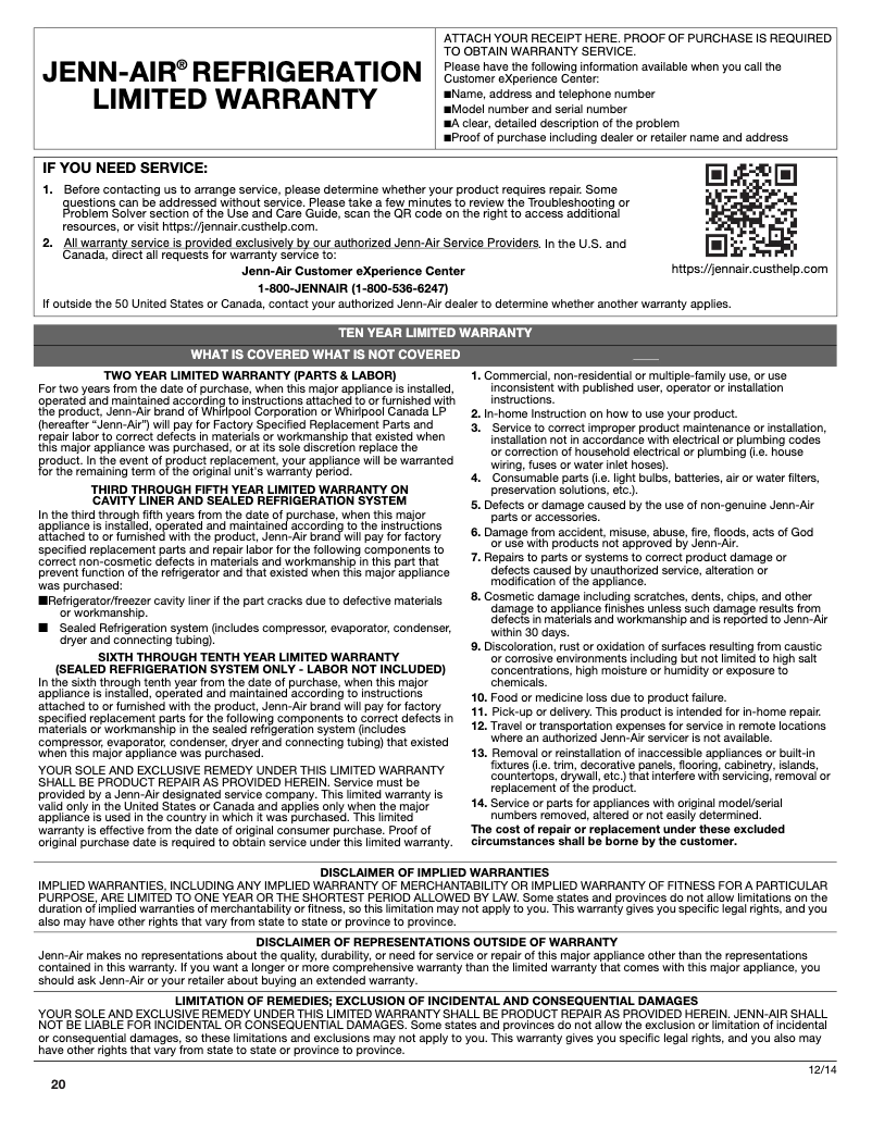 Page 1 of the manual Warranty Information JennAir CARBON18L