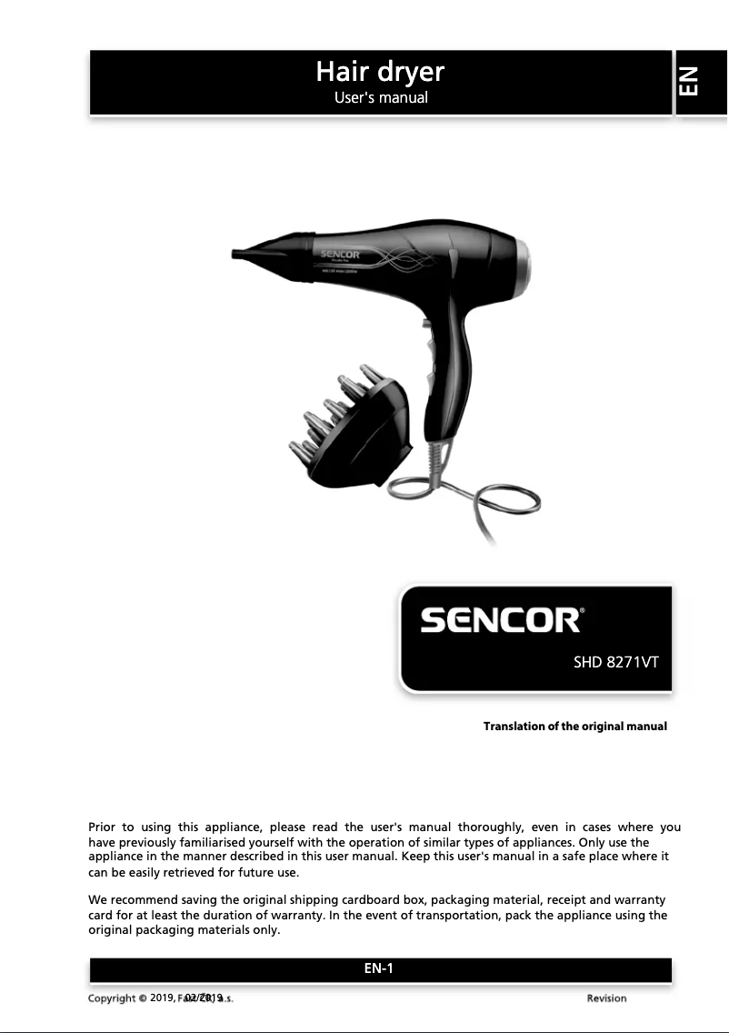Page 1 of the manual User Manual Sencor SHD 8271VT