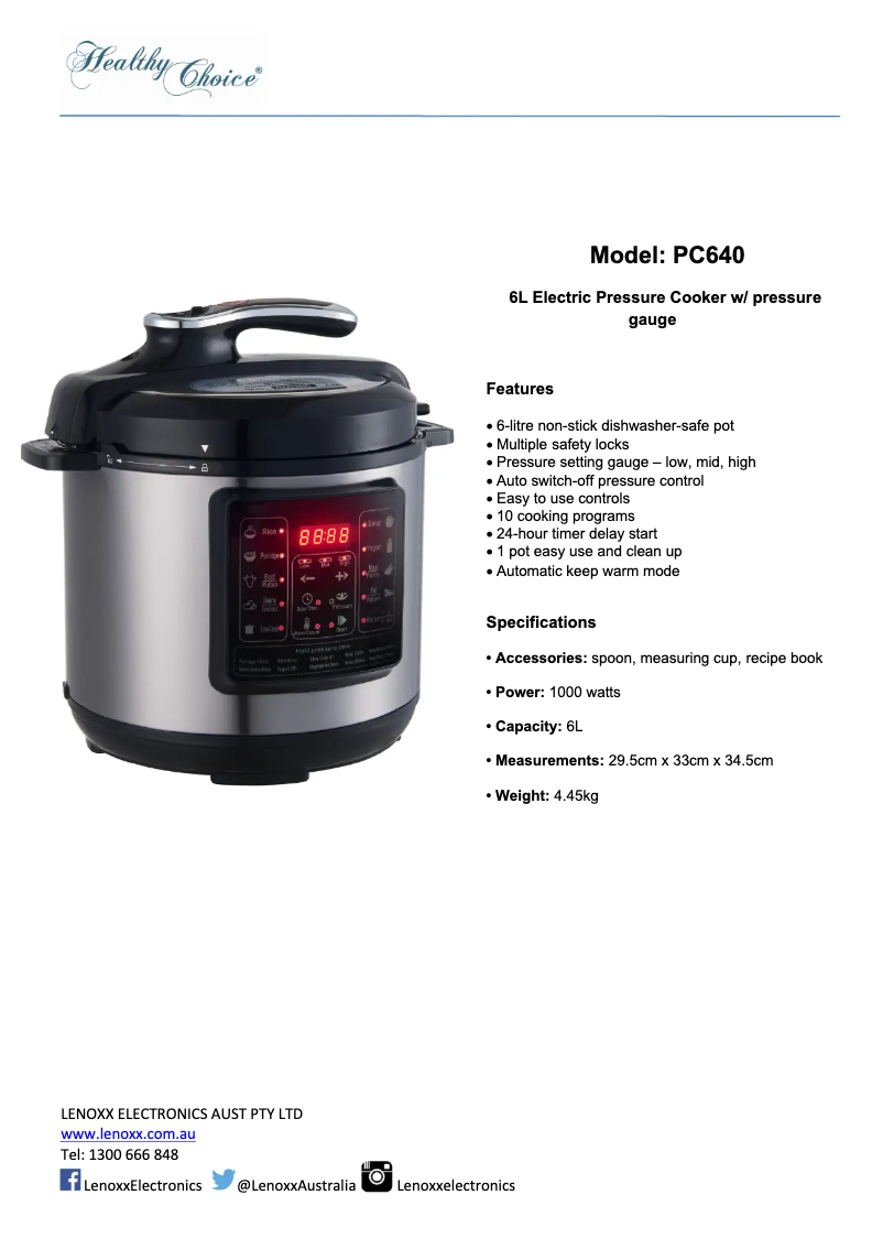 Page 1 of the manual Technical Sheet Healthy Choice PC640