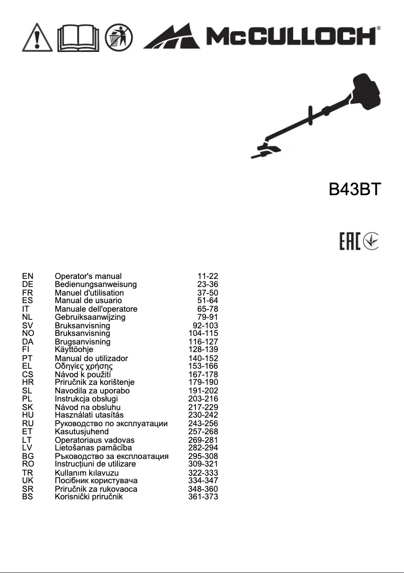 Page 1 of the manual User Manual McCulloch B43 BT