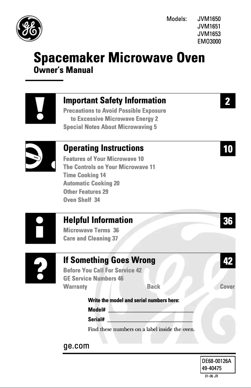 First page image of the manual for Spacemaker JVM1650BH