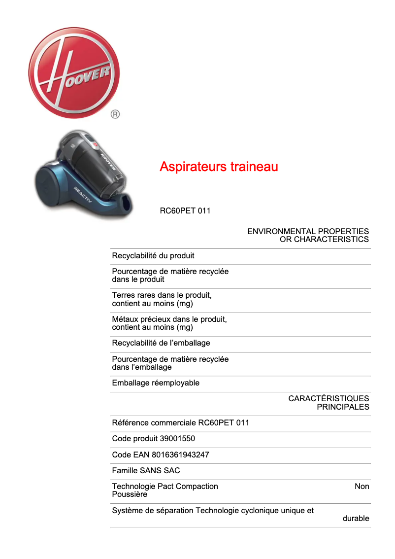 Page 1 of the manual Technical Sheet Hoover Reactiv RC60PET 011