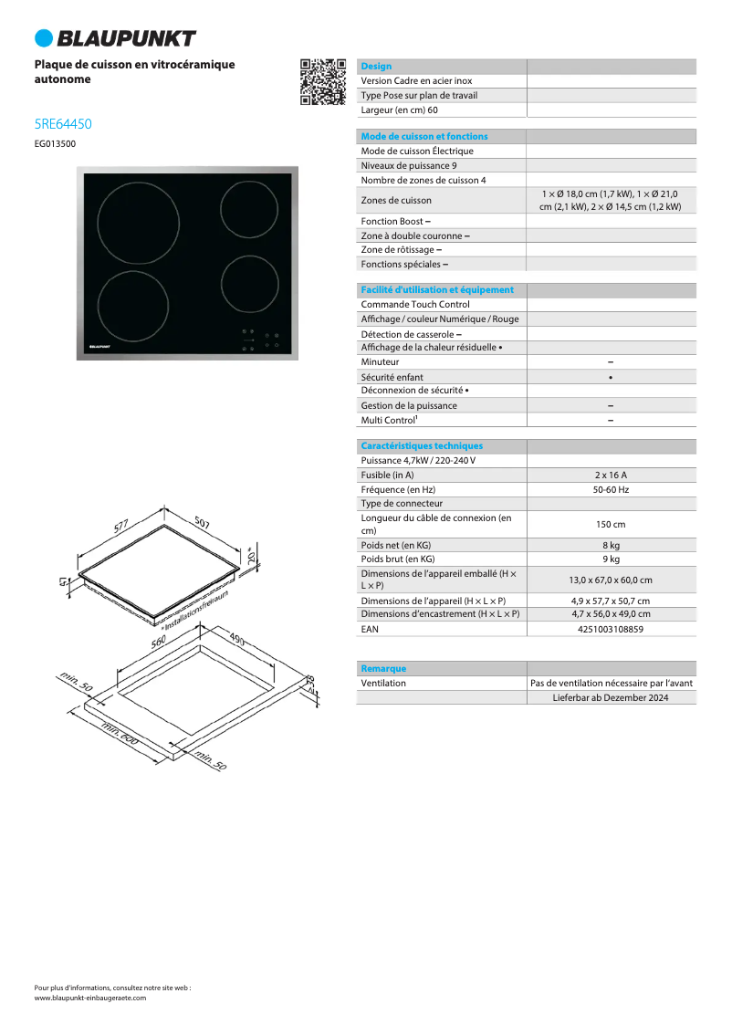 Page 1 of the manual Technical Sheet Blaupunkt 5RE64450