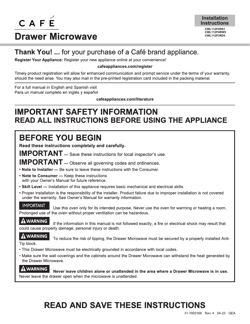 Page 1 of the manual Installation Guide Café CWL112