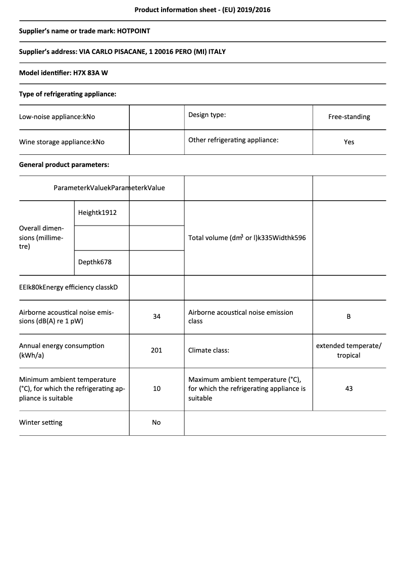 First page image of the manual for H7X 83A W