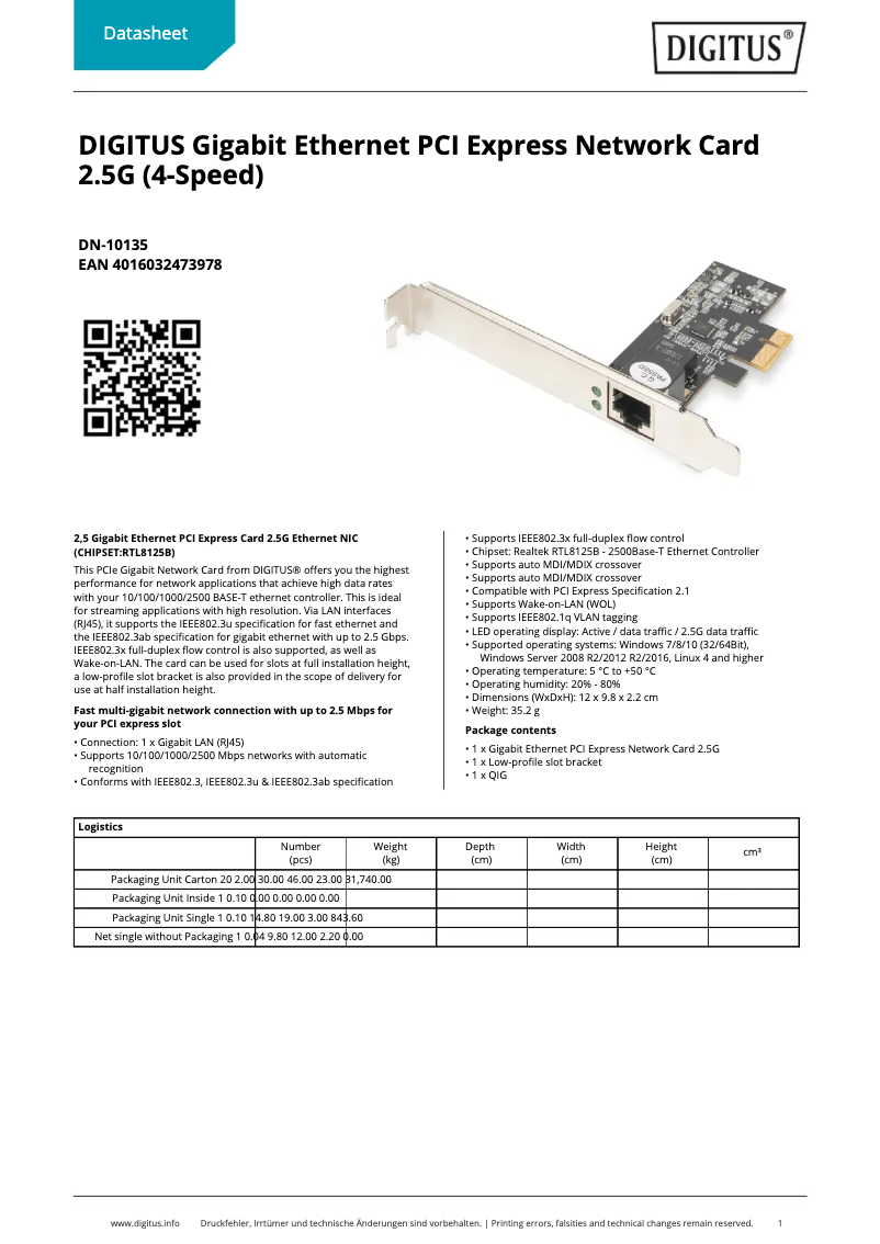 Page 1 of the manual Technical Sheet Digitus DN-10135