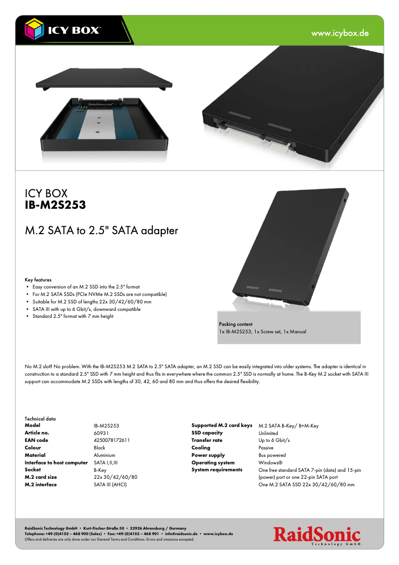 Page 1 of the manual Technical Sheet Icy Box IB-M2S253