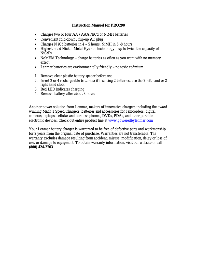 First page image of the manual for PRO290B