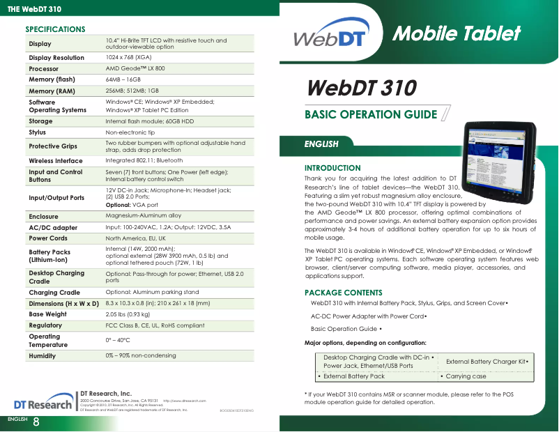 Page 1 of the manual User Manual DT Research WebDT 310