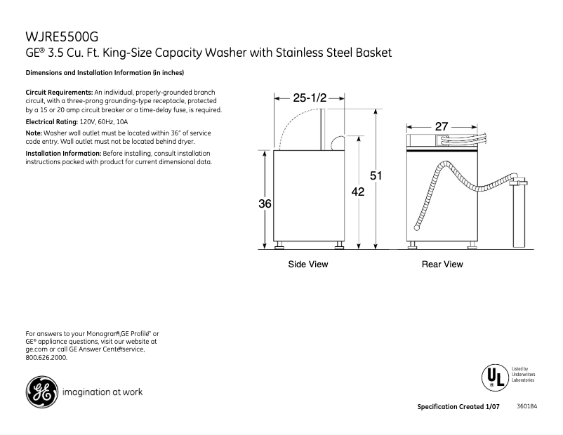 Page 1 of the manual Technical Sheet GE WJRE5500GWW