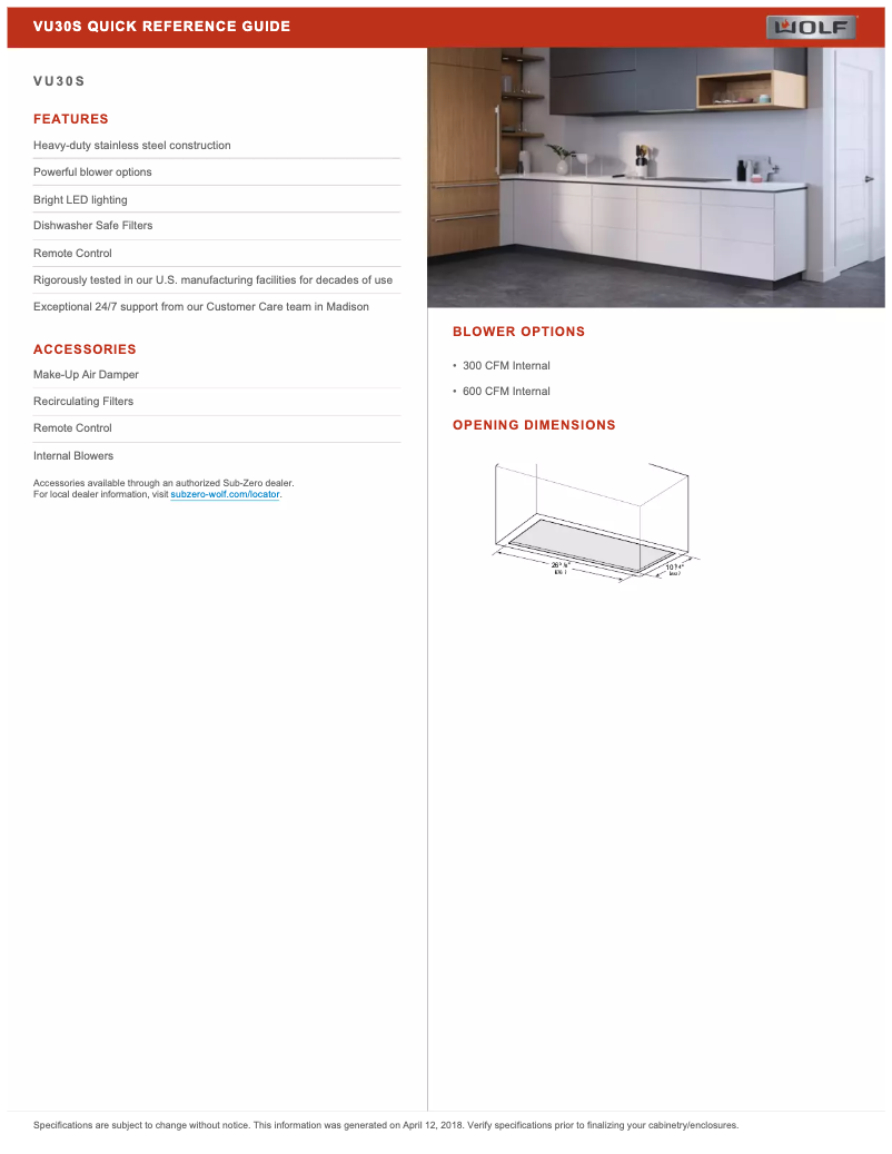 Page 1 of the manual Technical Sheet Wolf VU30S