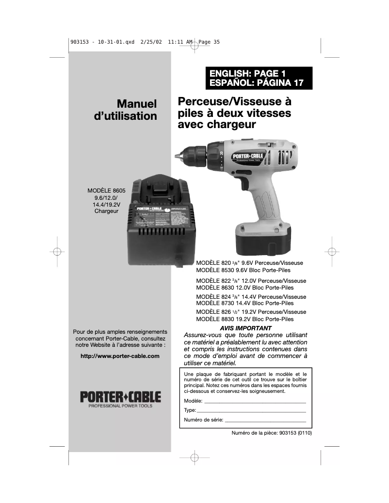 Page 1 of the manual User Manual Porter-Cable 820