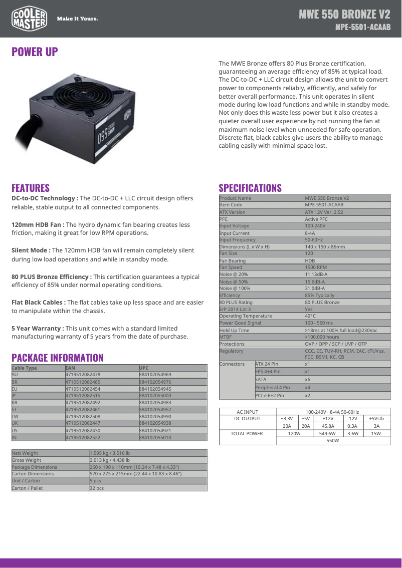 Page 1 of the manual Technical Sheet Cooler Master MWE 550 Bronze