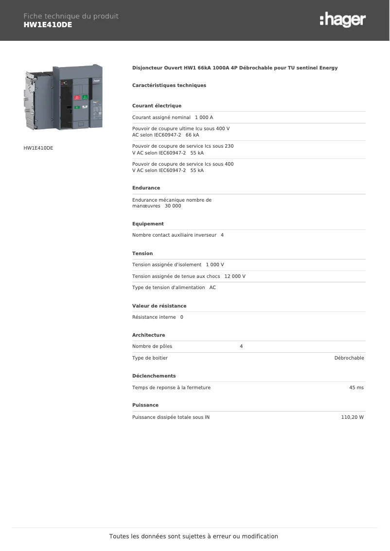 Page 1 of the manual Technical Sheet Hager HW1E410DE