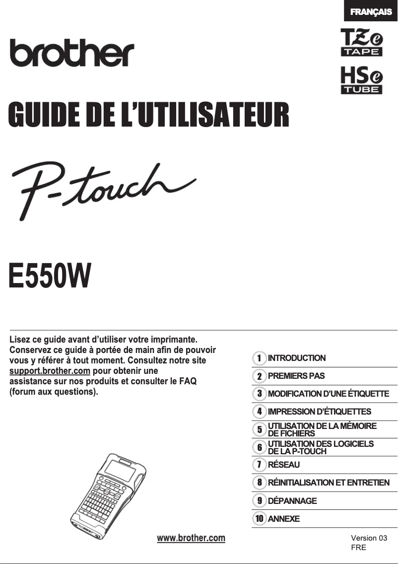 First page image of the manual for P-Touch PT-E550W