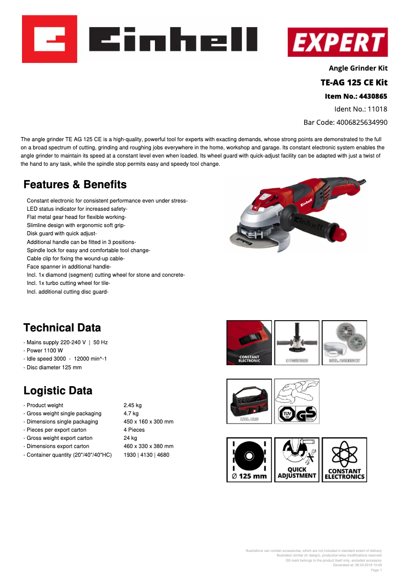 Page 1 of the manual Technical Sheet Einhell TE-AG 125 CE Kit