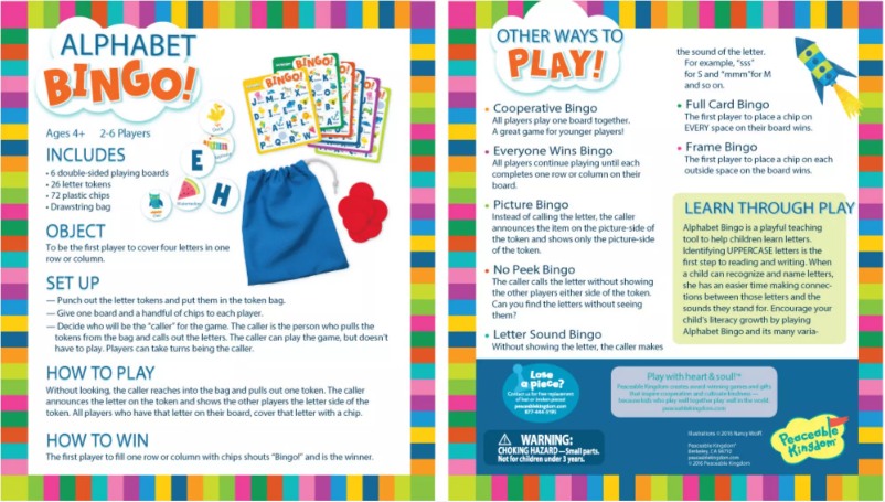 First page image of the manual for Alphabet Bingo