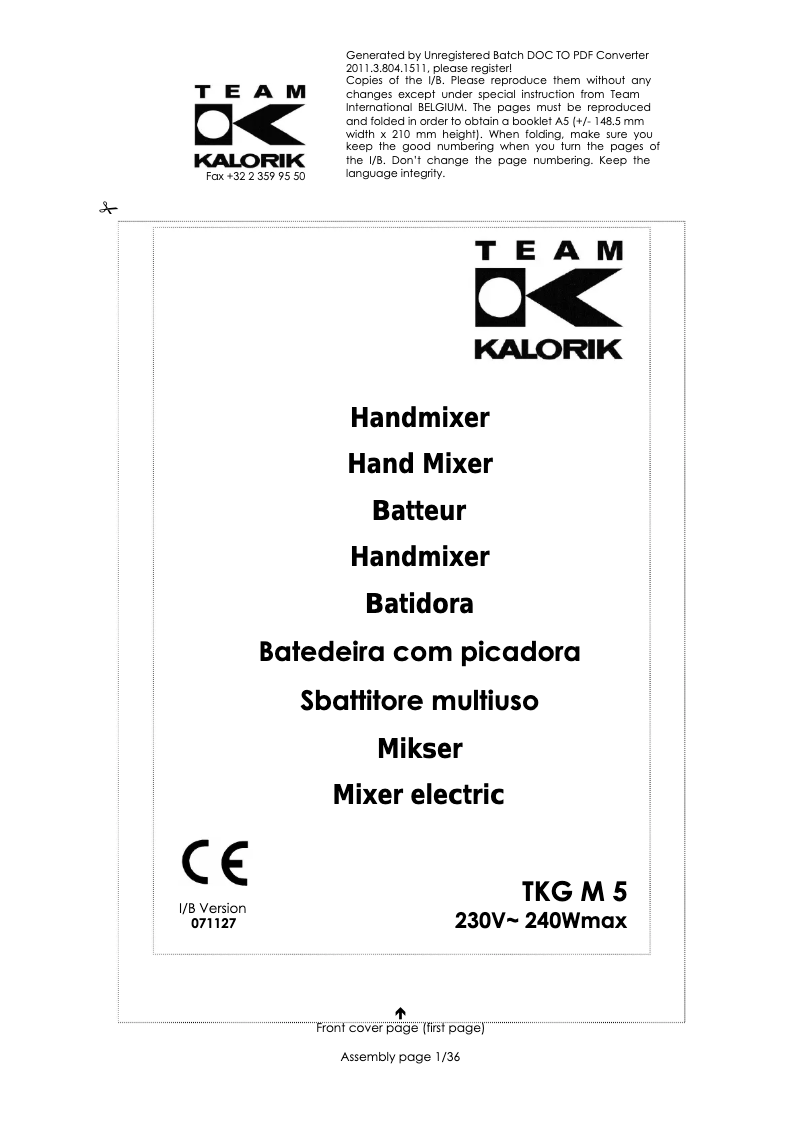 First page image of the manual for TKG M 5