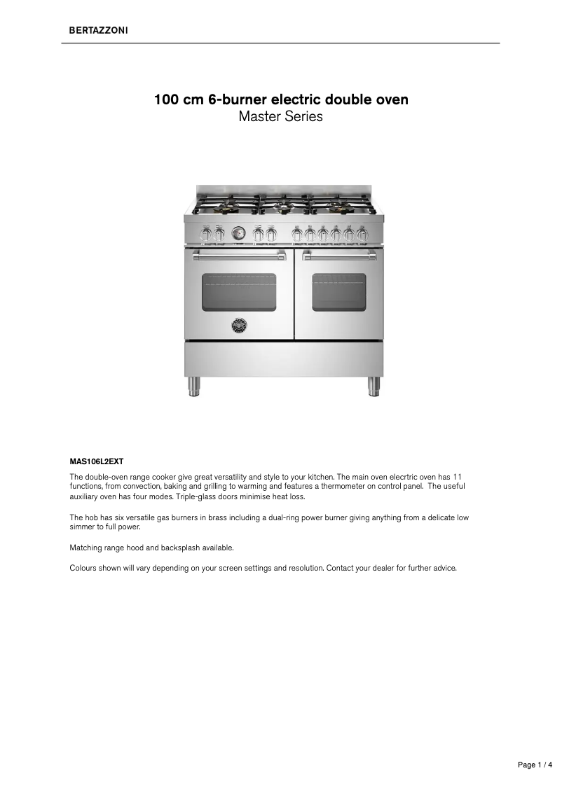 Page 1 of the manual Technical Sheet Bertazzoni MAS106L2EXT