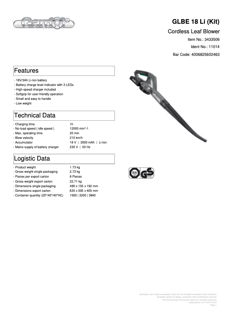 First page image of the manual for GLBE 18 Li