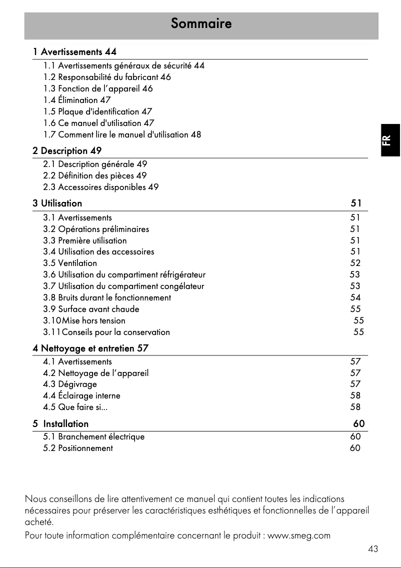 Page 1 of the manual Instruction Manual Smeg FAB30RBL3
