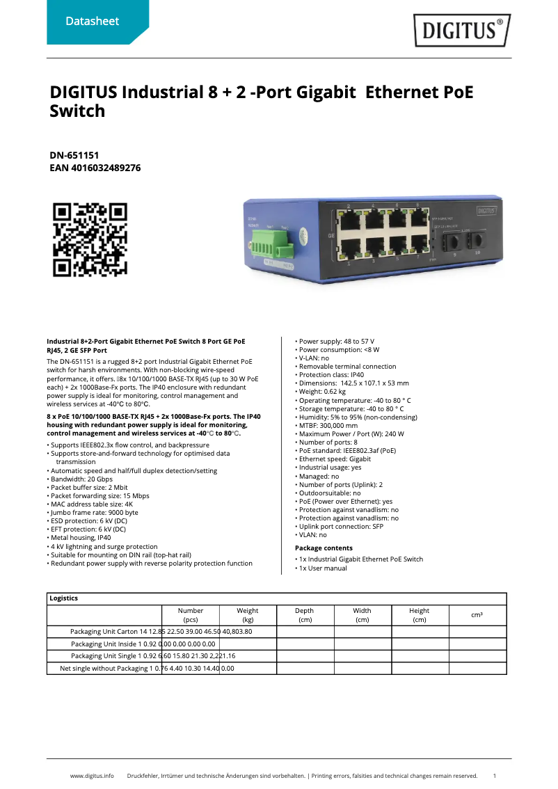 Page 1 of the manual Technical Sheet Digitus DN-651151