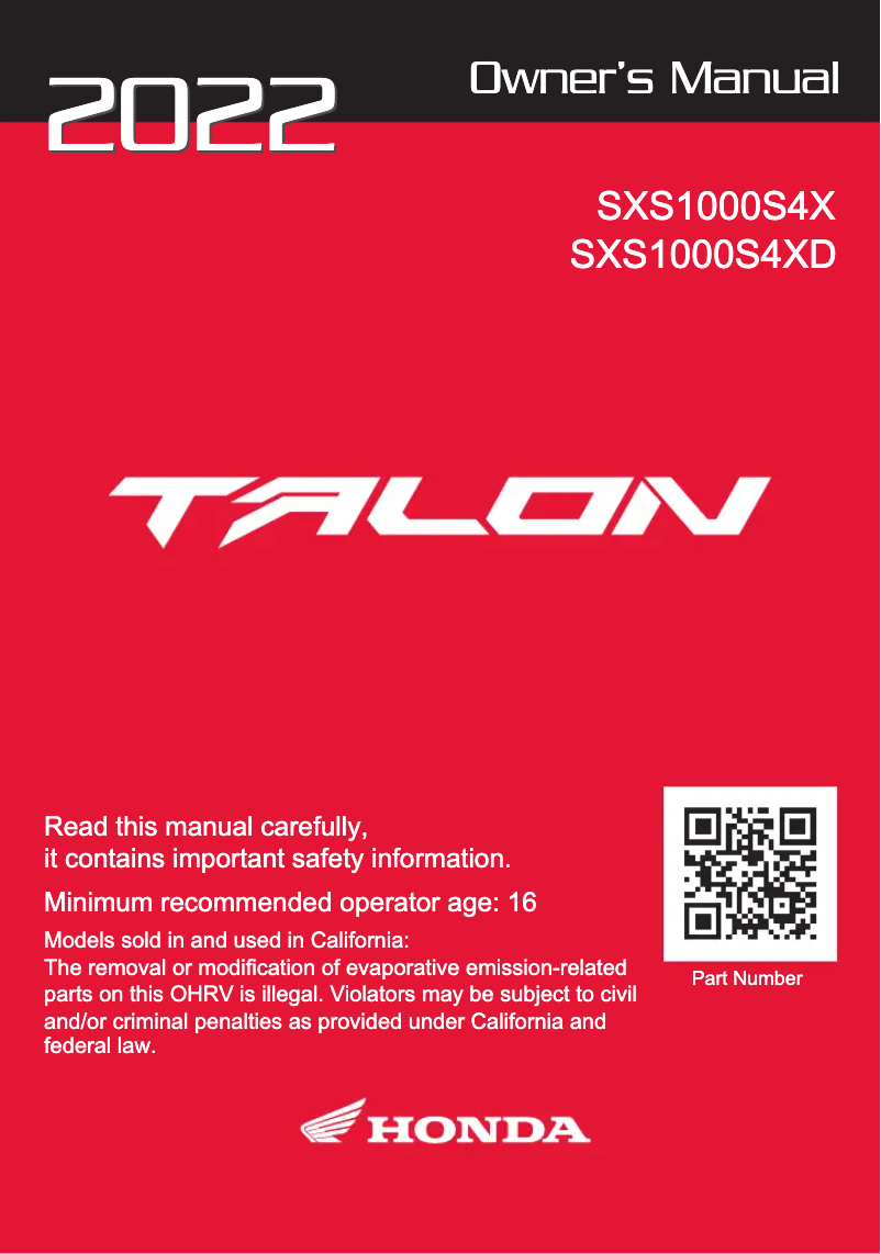 First page image of the manual for Talon SXS1000S4XD (2022)