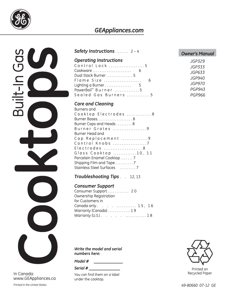 First page image of the manual for PGP966DETBB
