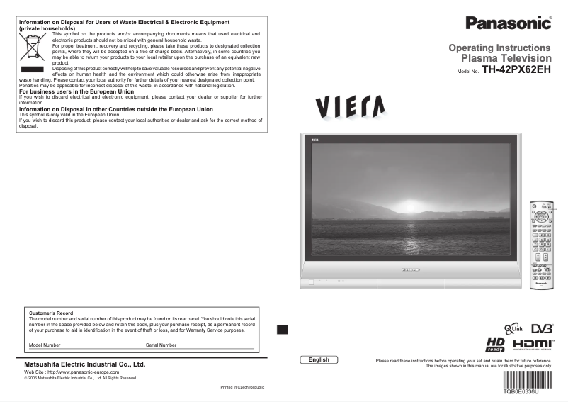 Page 1 of the manual User Manual Panasonic Viera TH-42PX62EH