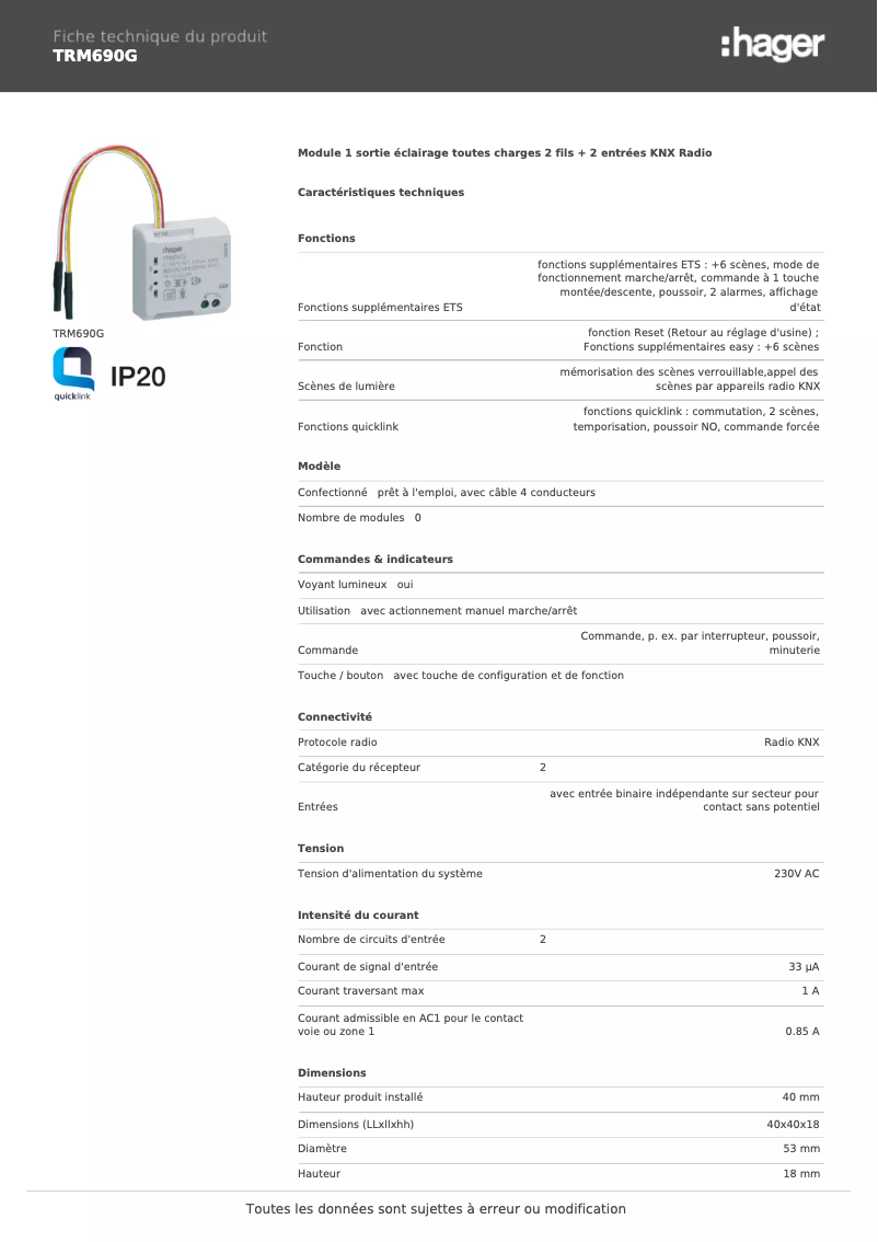 Page 1 of the manual Technical Sheet Hager TRM690G