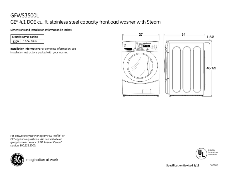 Page 1 of the manual Technical Sheet GE GFWS3505LMS