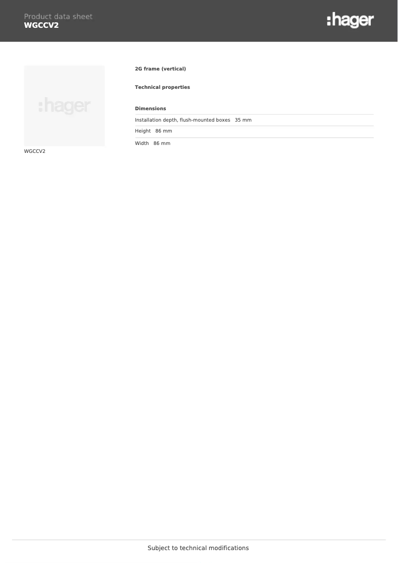 Page 1 of the manual Technical Sheet Hager WGCCV2