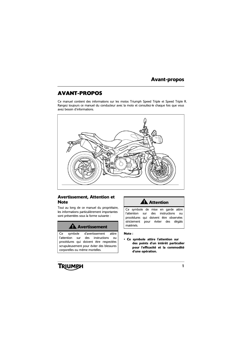First page image of the manual for Speed Triple (2014)
